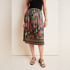 FARM Rio Black Pleated Midi Skirt with Pink & Green Floral Print